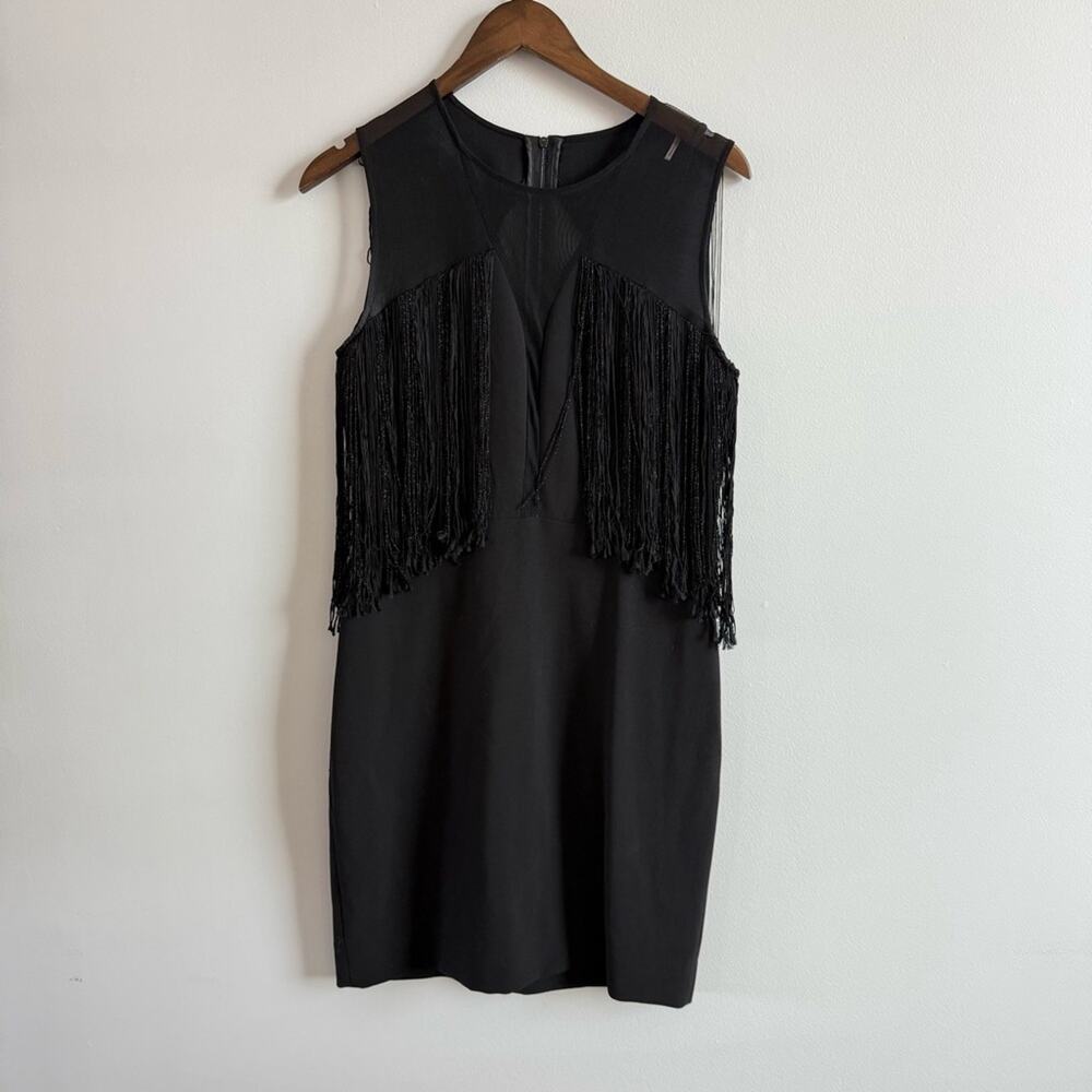 Sandro Paris | Women’s Black Deep V-Neck Mesh & Tassels Fringe Sleeveless Dress - Picture 2 of 14